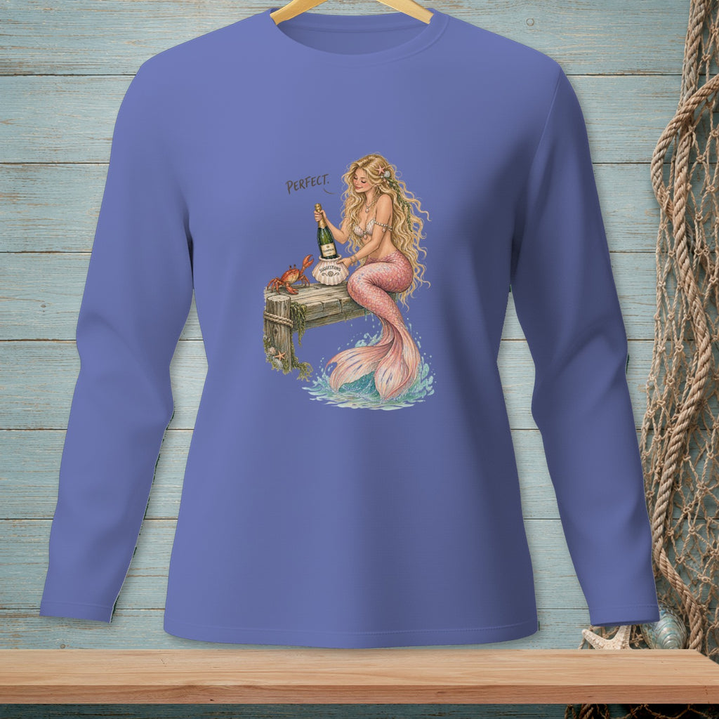 Mermaid opening champagne on dock with crab and text "PERFECT."