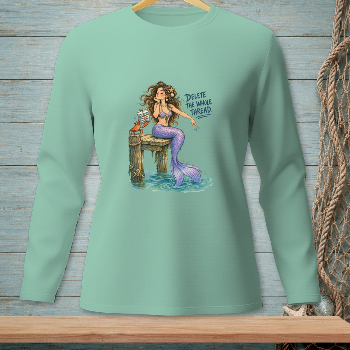 Mermaid sitting on pier next to crab, text reads "DELETE THE WHOLE THREAD."