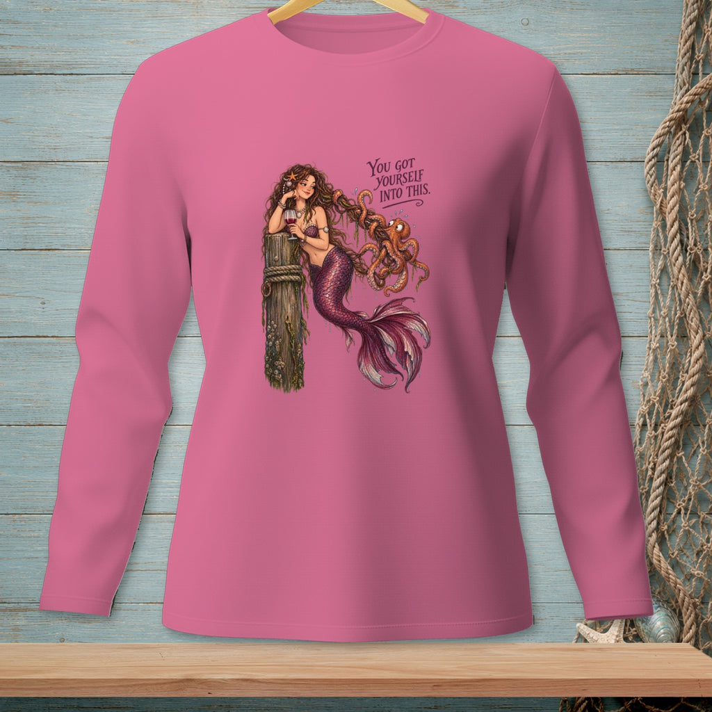 Pink long-sleeve shirt with a mermaid holding a glass and an octopus in her hair.