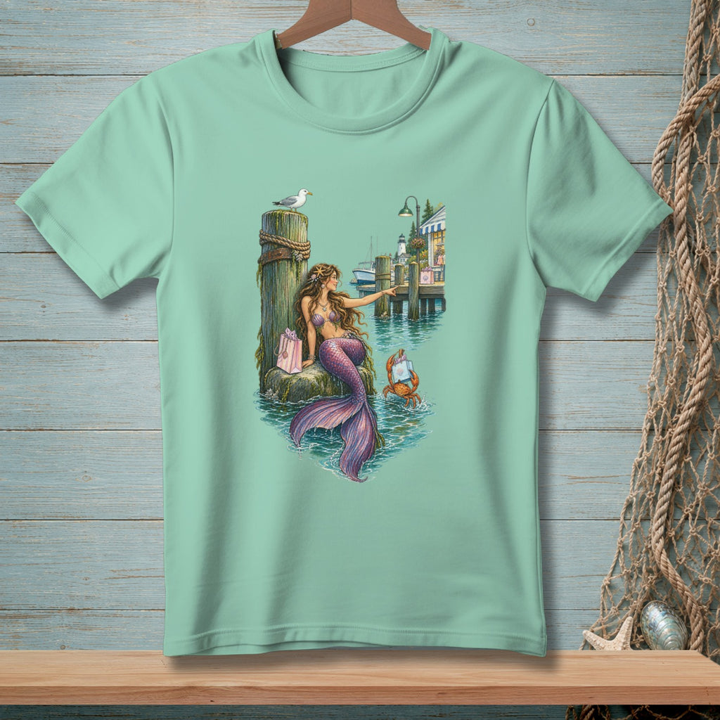 Mermaid with purple tail sits on a dock with a crab, shop, and lighthouse in background.