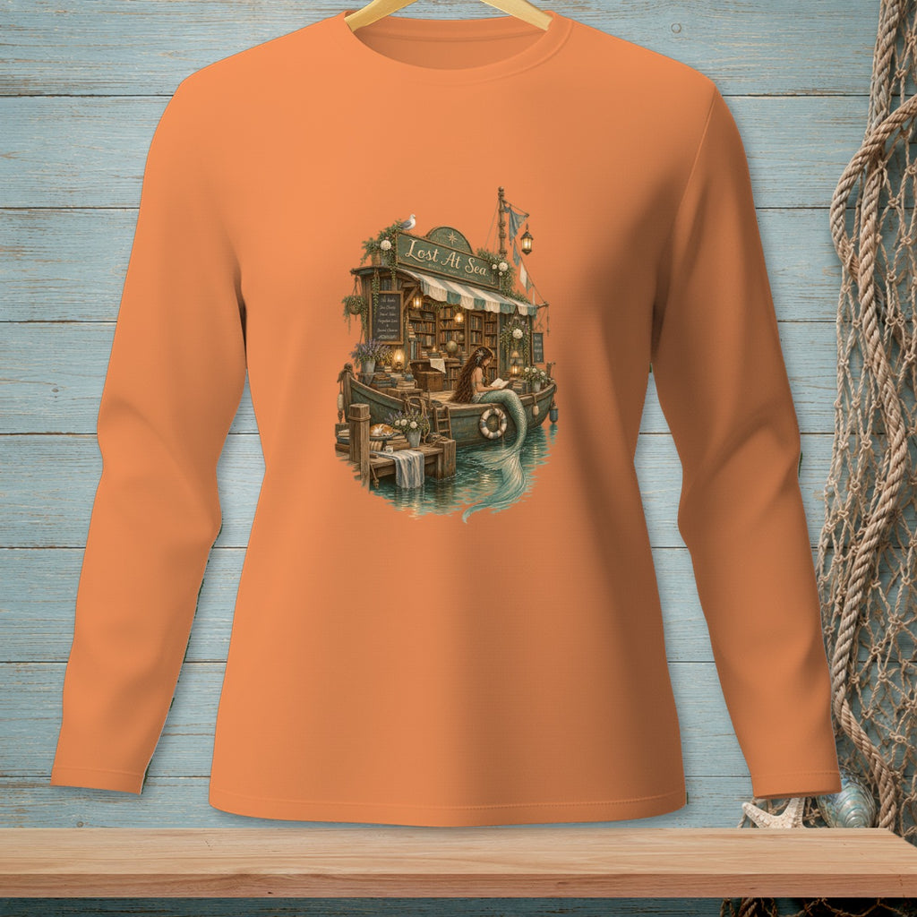 Orange long-sleeve shirt with "Lost At Sea" bookshop on a boat illustration.