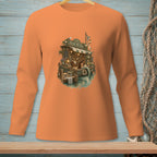 Orange long-sleeve shirt with "Lost At Sea" bookshop on a boat illustration.