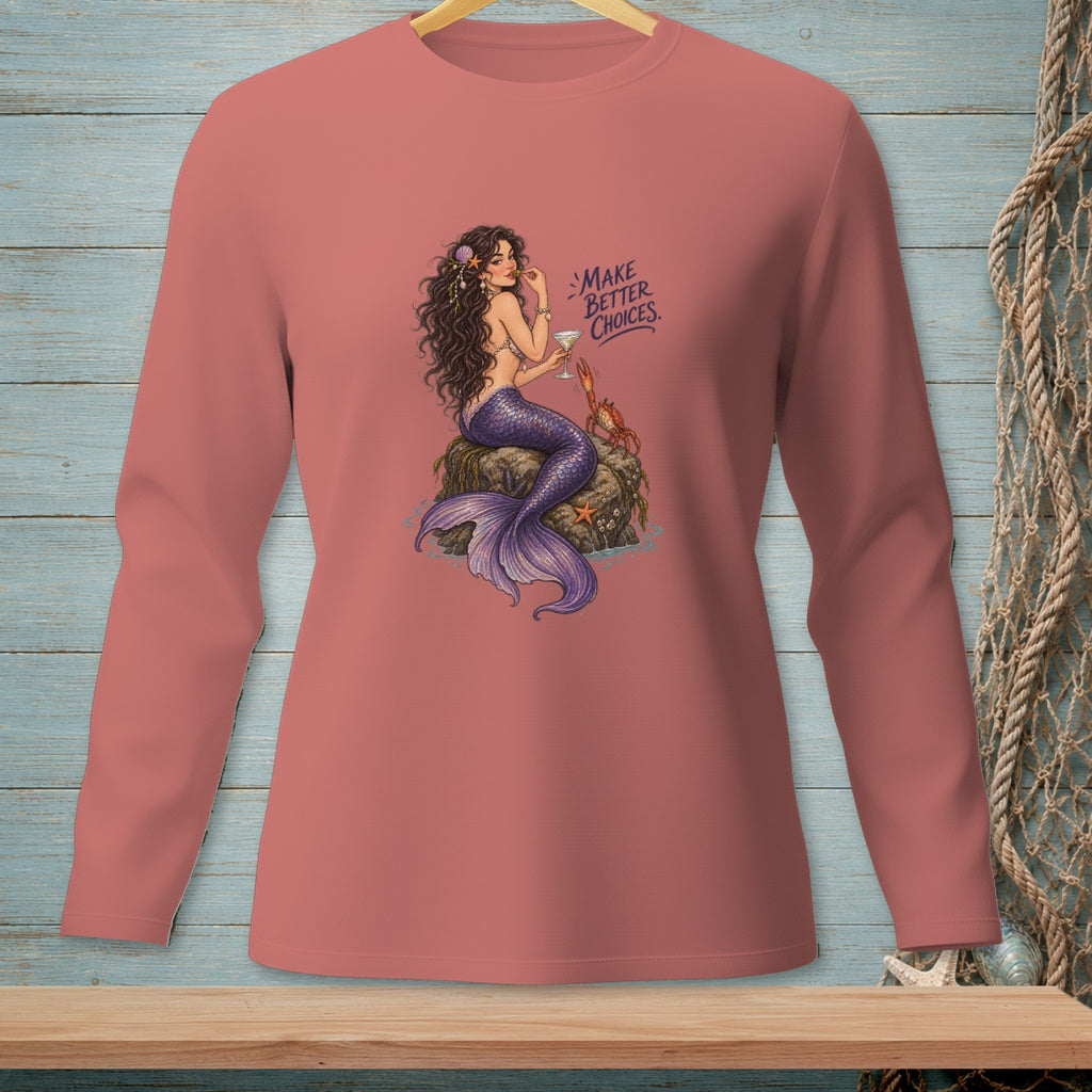 Mermaid on rock with crab, holding drink and text "Make Better Choices".