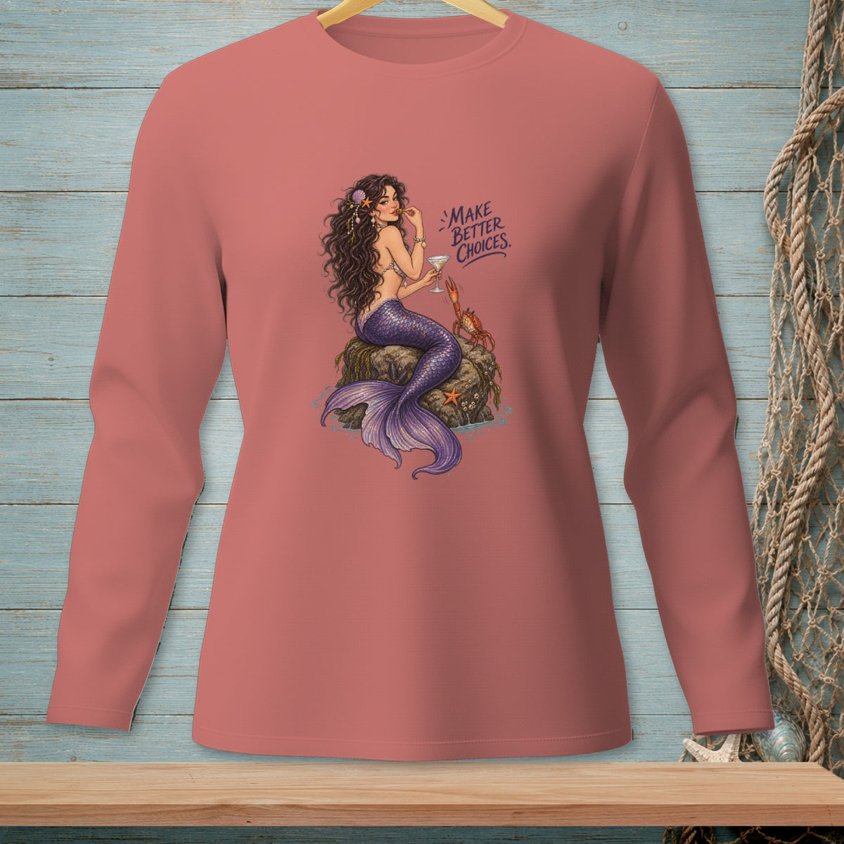Mermaid on rock with crab, holding drink and text "Make Better Choices".