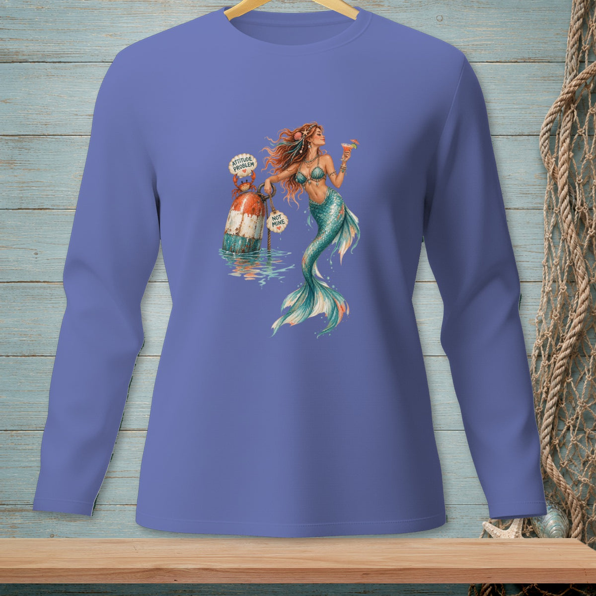 Mermaid holding a drink next to a buoy with "Attitude Problem" text.