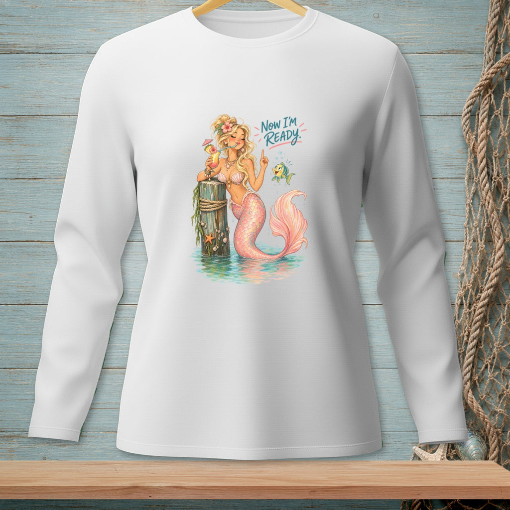 Long-sleeve white shirt with mermaid graphic and text "Now I'm READY."