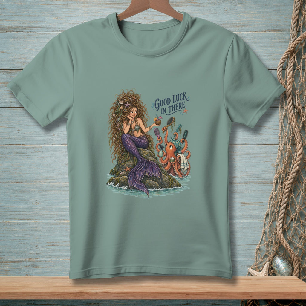 Mermaid and octopus graphic with text "Good Luck In There".