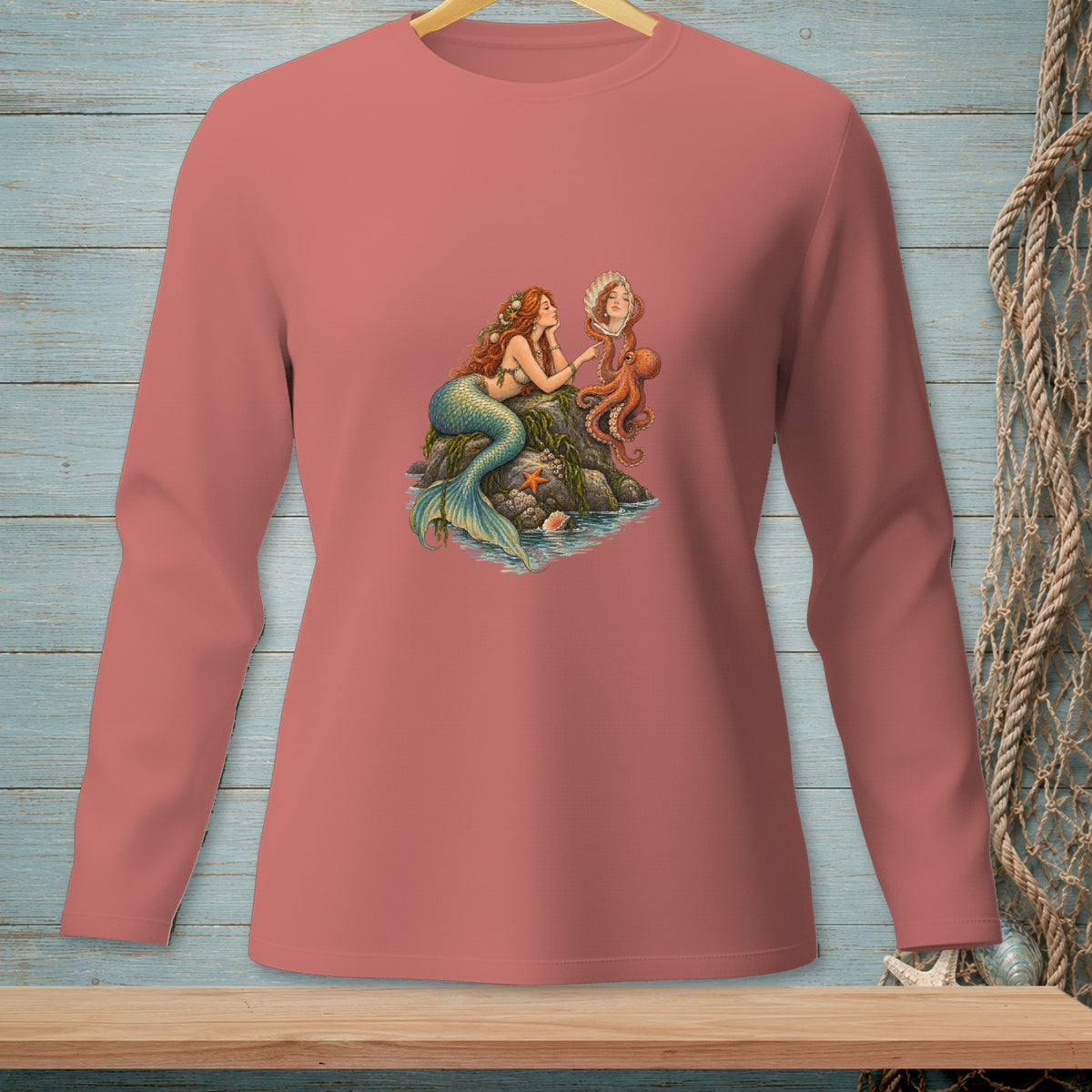 Illustration of a mermaid with octopus and shell on a coral reef.