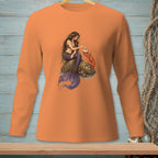 Orange long-sleeve shirt with mermaid and lobster illustration.