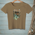 T-shirt graphic of mermaid at dock with text "I'll Stay Down Here."