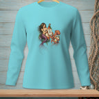 Mermaid and octopus by buoy with "Circle Back Never" sign on teal long-sleeve shirt.