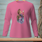 Pink long sleeve shirt with mermaid sitting on dock looking in mirror.
