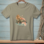 T-shirt with a mermaid holding a glass of champagne on a rock, text reads "Plans Changed."