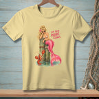 Mermaid and lobster graphic with text "USE YOUR INSIDE CLAWS" on a yellow t-shirt.