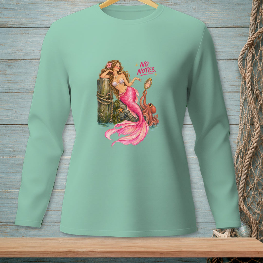 Mint green long-sleeve shirt with mermaid, octopus, and text "NO NOTES."