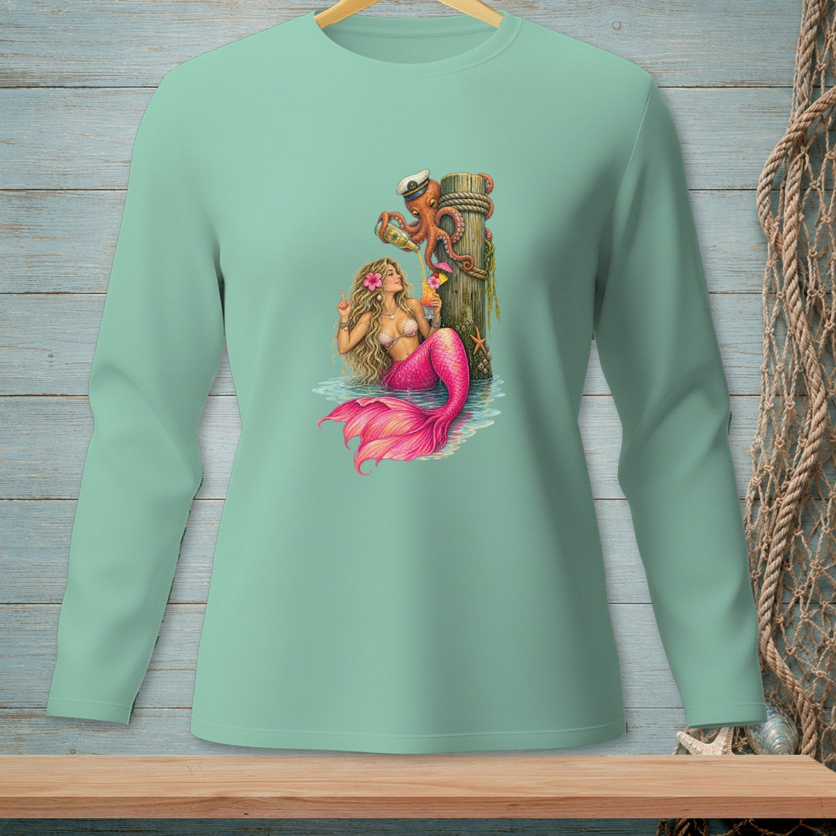 Mermaid with pink tail and octopus pouring drinks by a dock post.