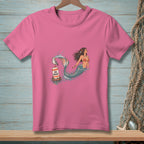 Pink t-shirt with a mermaid and a seagull on a "No Wake" buoy.