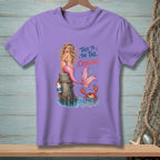 Mermaid and crab graphic with text "Talk to the tail, crabcake" on purple t-shirt.