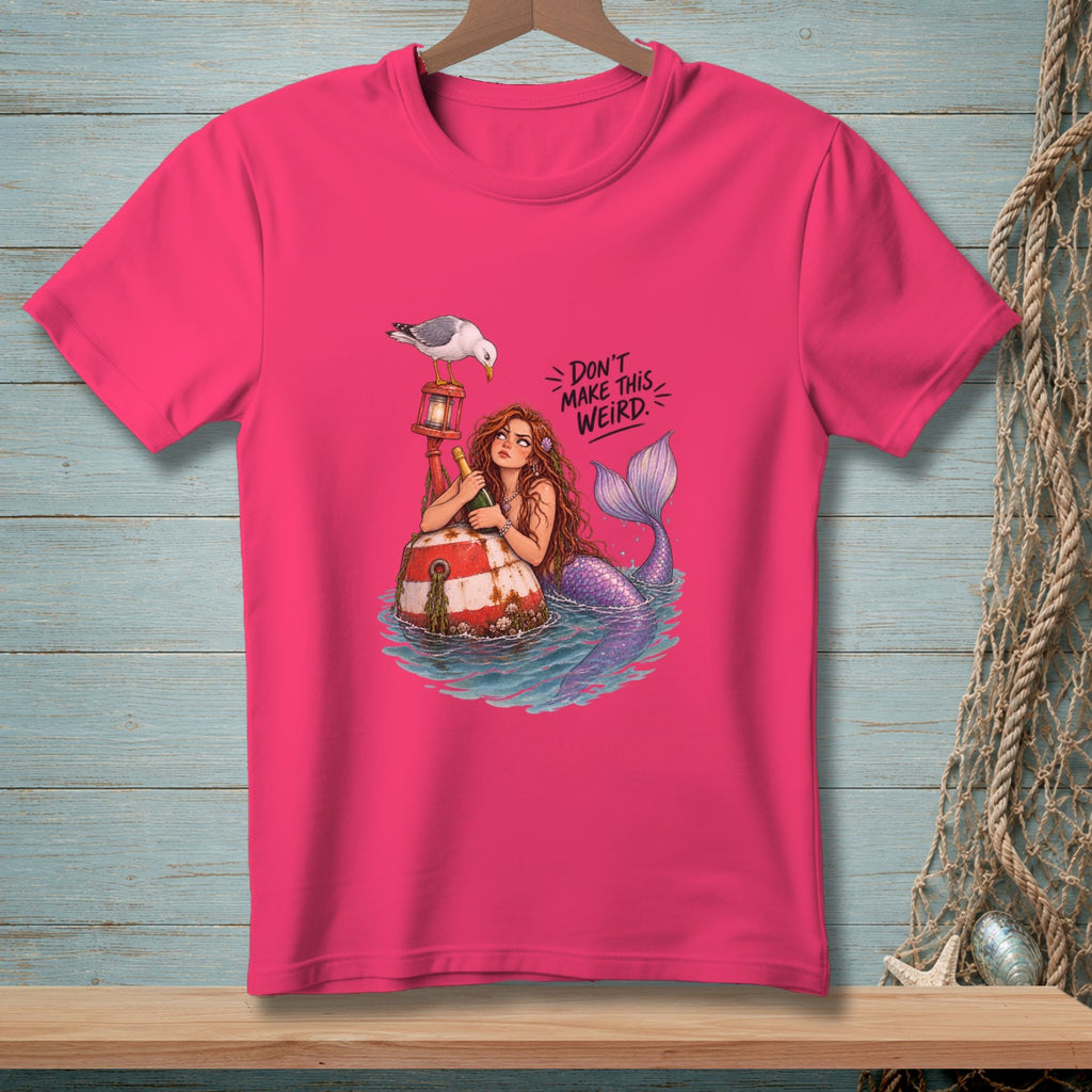 Mermaid on buoy with seagull and text "Don't make this weird."
