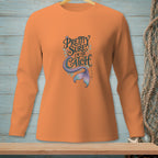 Orange long-sleeve shirt with "Pretty Sure I'm the Catch" and a mermaid tail graphic.