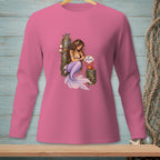 Pink long-sleeve shirt with mermaid holding "Be Interesting" sign to a crab.