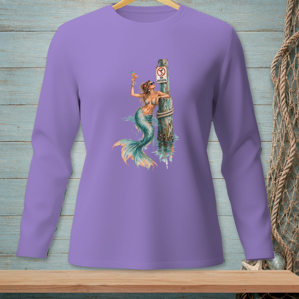 Purple long-sleeve shirt with a graphic of a mermaid holding a drink near a post with a "No Drinking" sign.