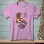 Mermaid with a glass of wine on a buoy, text "Hair's a wreck. Priorities intact."