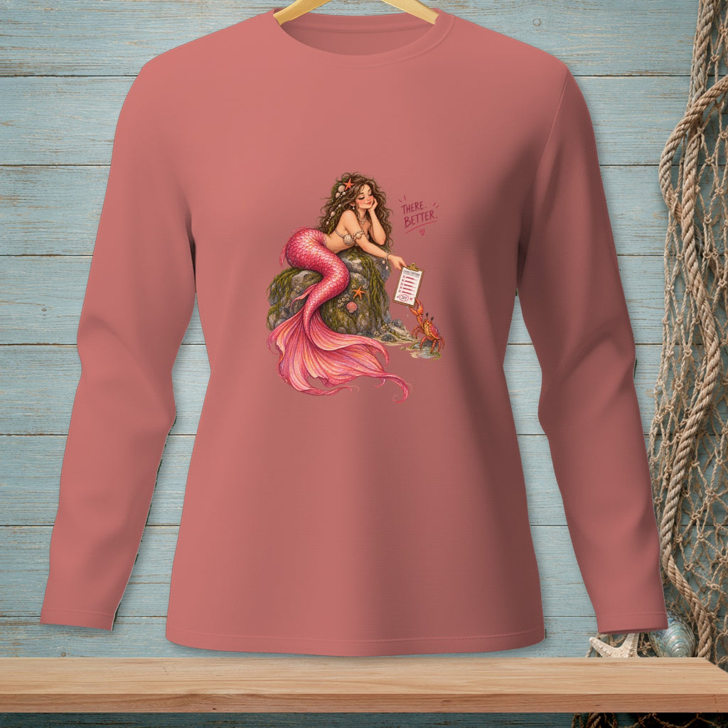 Illustration of a mermaid with pink tail holding a list that reads "Expectations" and "There. Better."