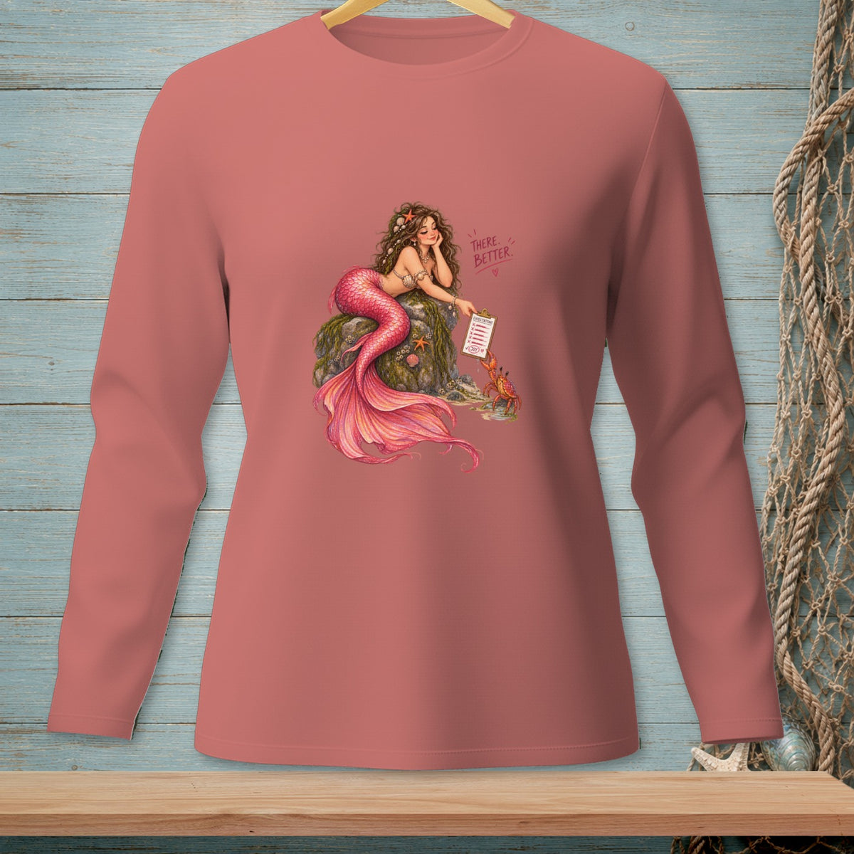 Illustration of a mermaid with pink tail holding a list that reads "Expectations" and "There. Better."