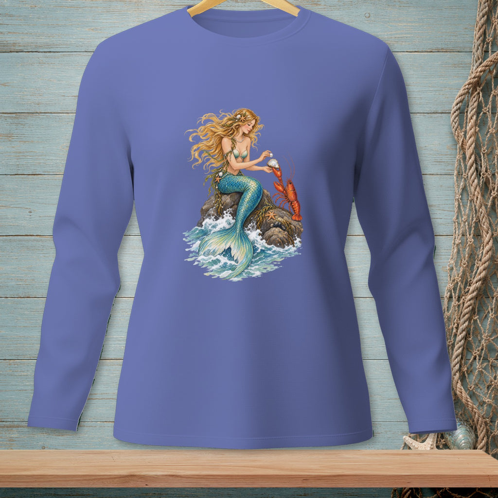 Long-sleeve shirt with a mermaid sitting on a rock with a lobster.