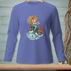 Long-sleeve shirt with a mermaid sitting on a rock with a lobster.