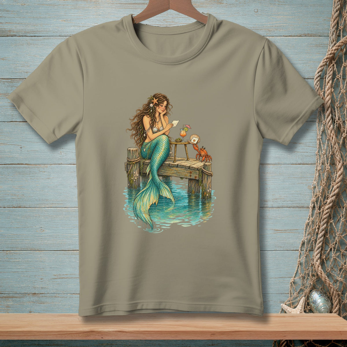 Mermaid on a dock reading mail with a crab and cocktail.