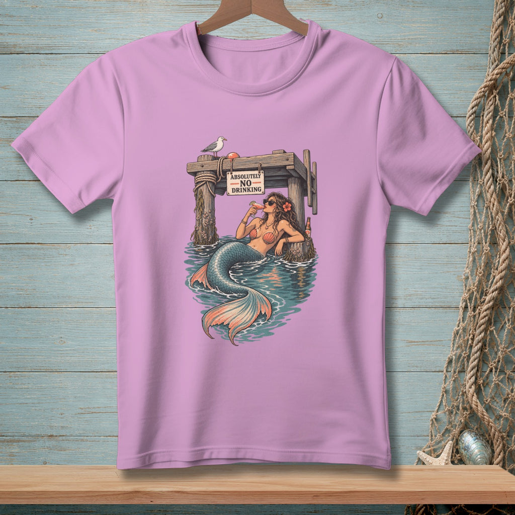 Illustration of a mermaid on a dock with a "NO DRINKING" sign and a seagull.