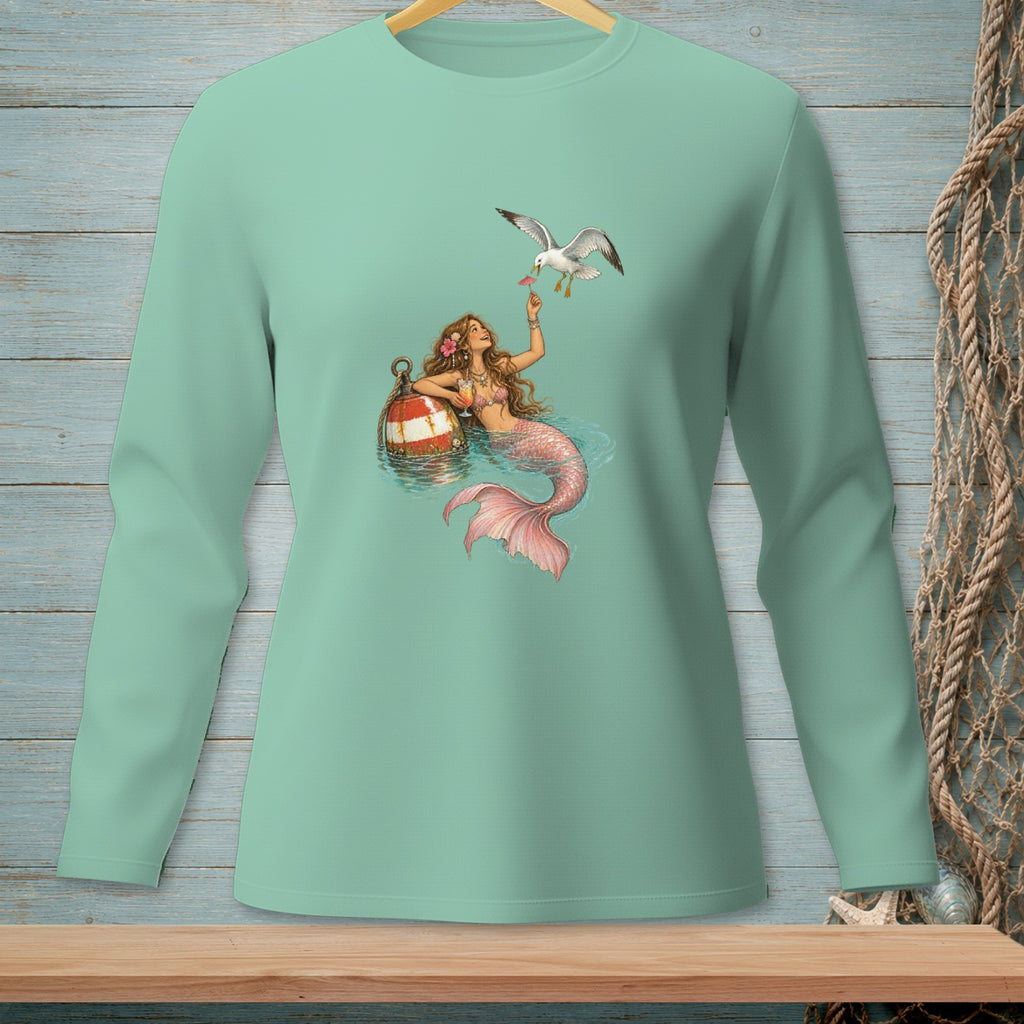 Mermaid with a seagull and buoy on a teal long-sleeved shirt.