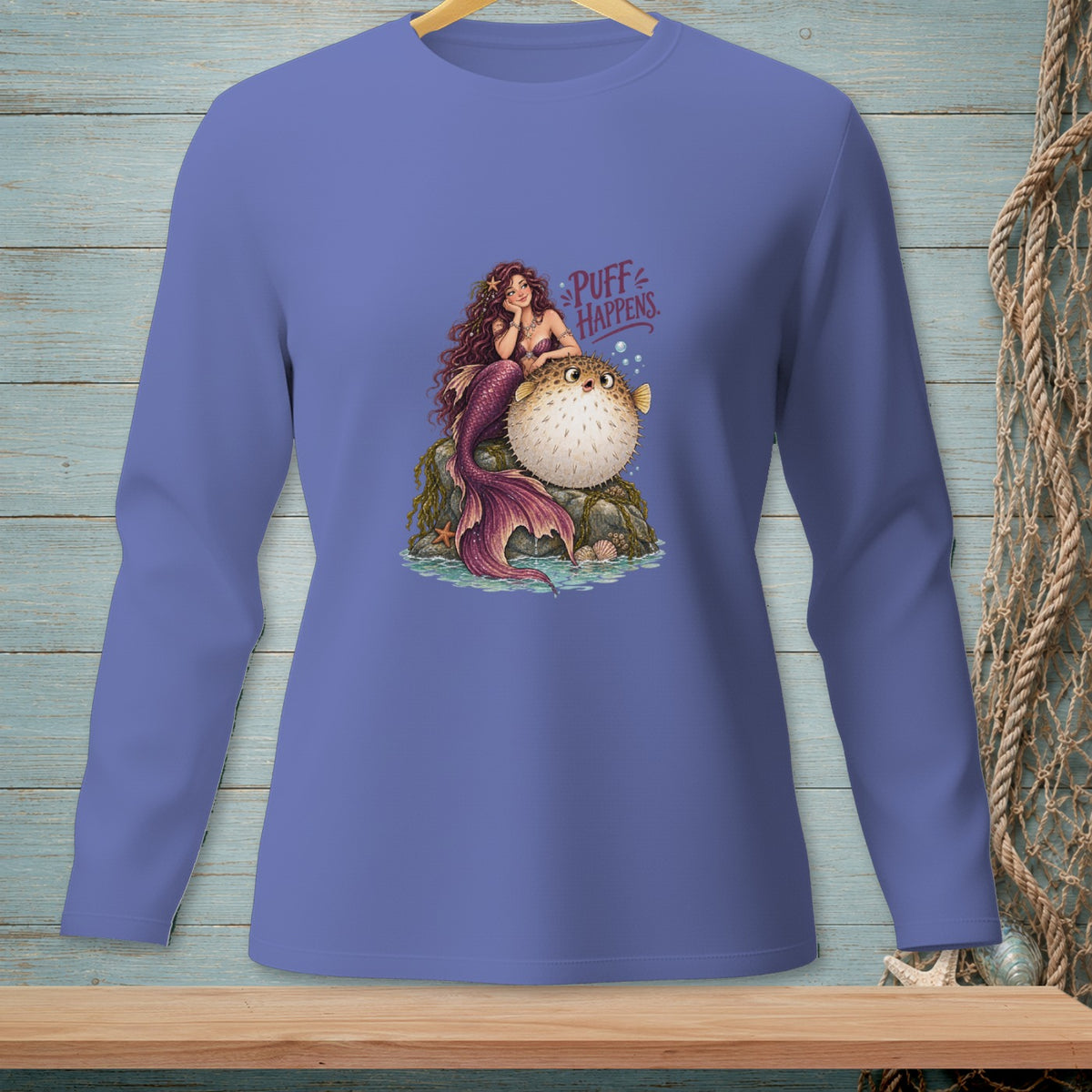 Mermaid and pufferfish illustration with text "PUFF HAPPENS".
