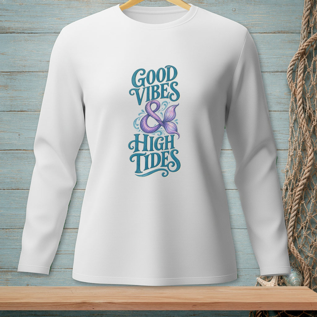 White long-sleeve shirt with "Good Vibes & High Tides" mermaid tail graphic.