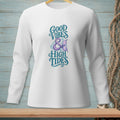 White long-sleeve shirt with "Good Vibes & High Tides" mermaid tail graphic.