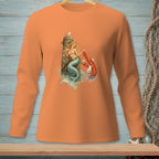 Mermaid with seashell bra holding cocktail served by lobster waiter by wooden post.