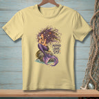 Light yellow t-shirt with a mermaid illustration holding a mug and text "Mermaid Hair Day".