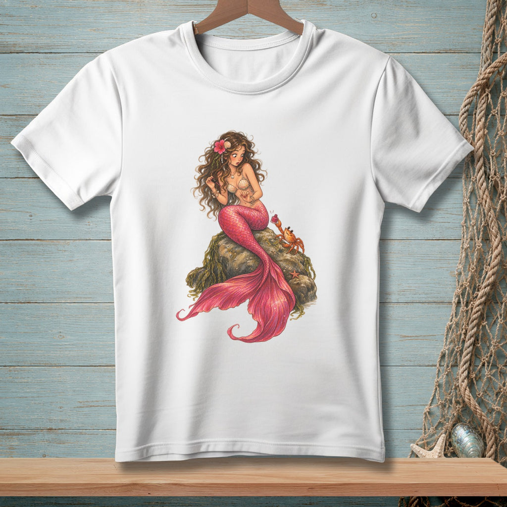 White t-shirt with a drawing of a mermaid sitting on a rock with a crab.