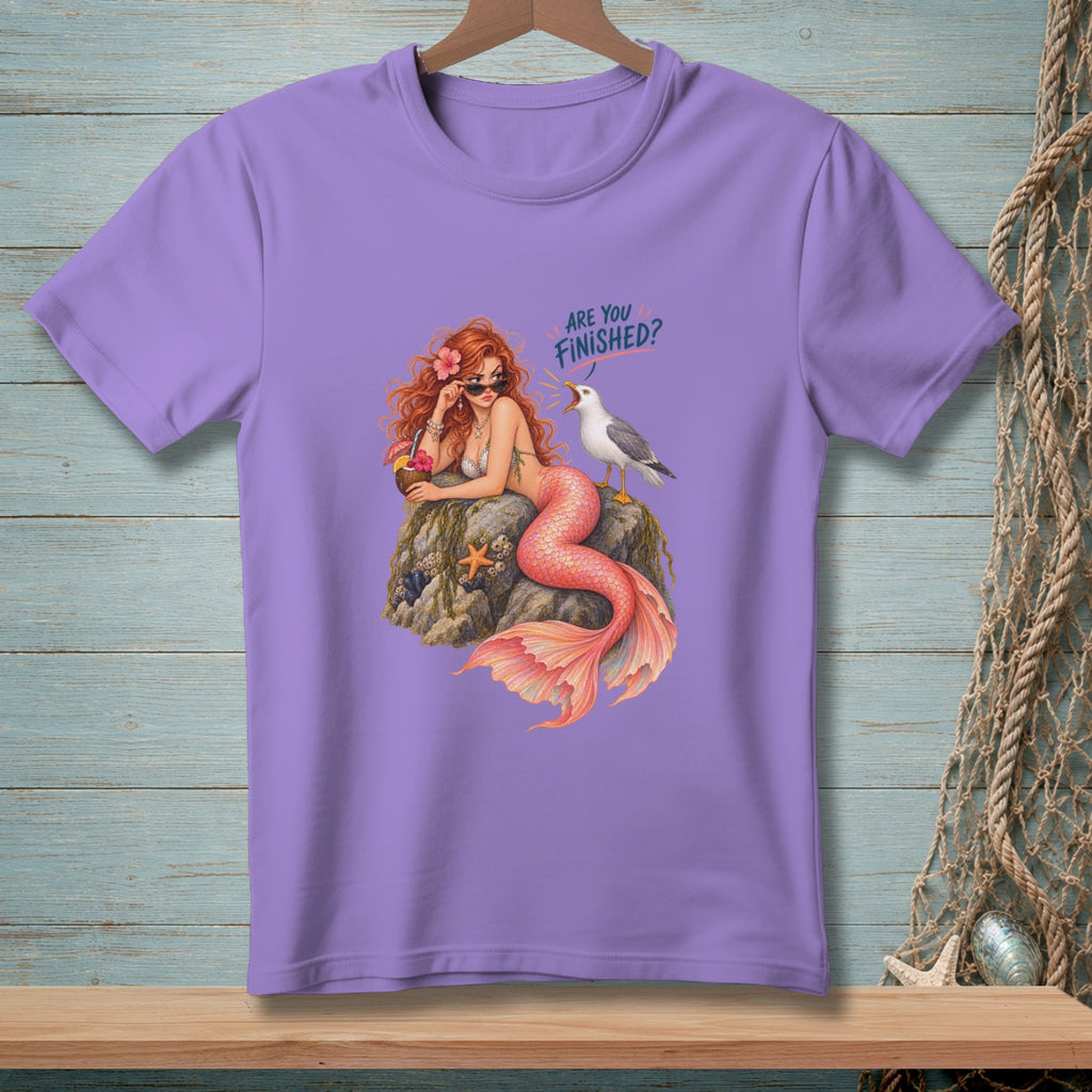 Mermaid with pink tail and sunglasses, seagull asking "Are you finished?"