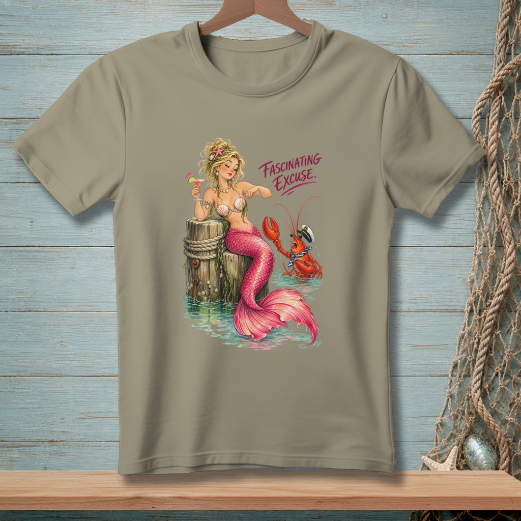 T-shirt graphic with a mermaid and lobster, text reads "FASCINATING EXCUSE."