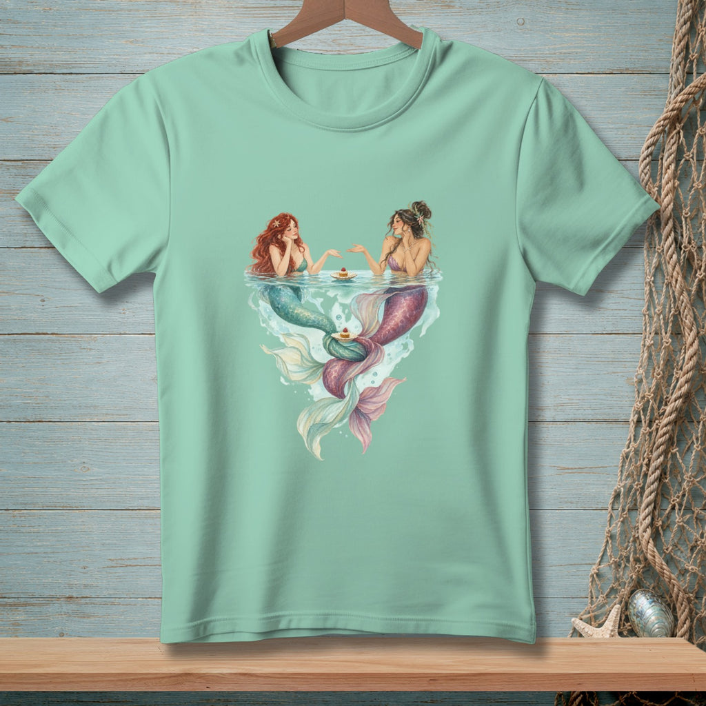 Two mermaids with tails sit at a table, sharing tiny cakes in the water.