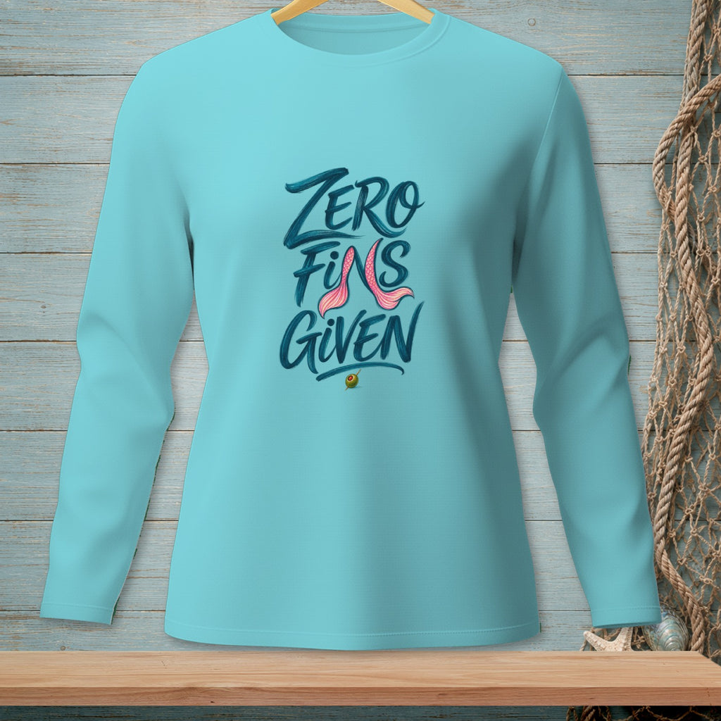 Aqua long-sleeve shirt with "Zero Fins Given" text and mermaid tail graphic.