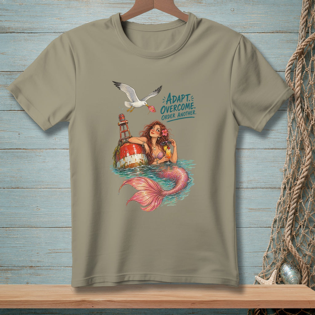 Mermaid with cocktail on buoy, seagull overhead, text: Adapt. Overcome. Order Another.