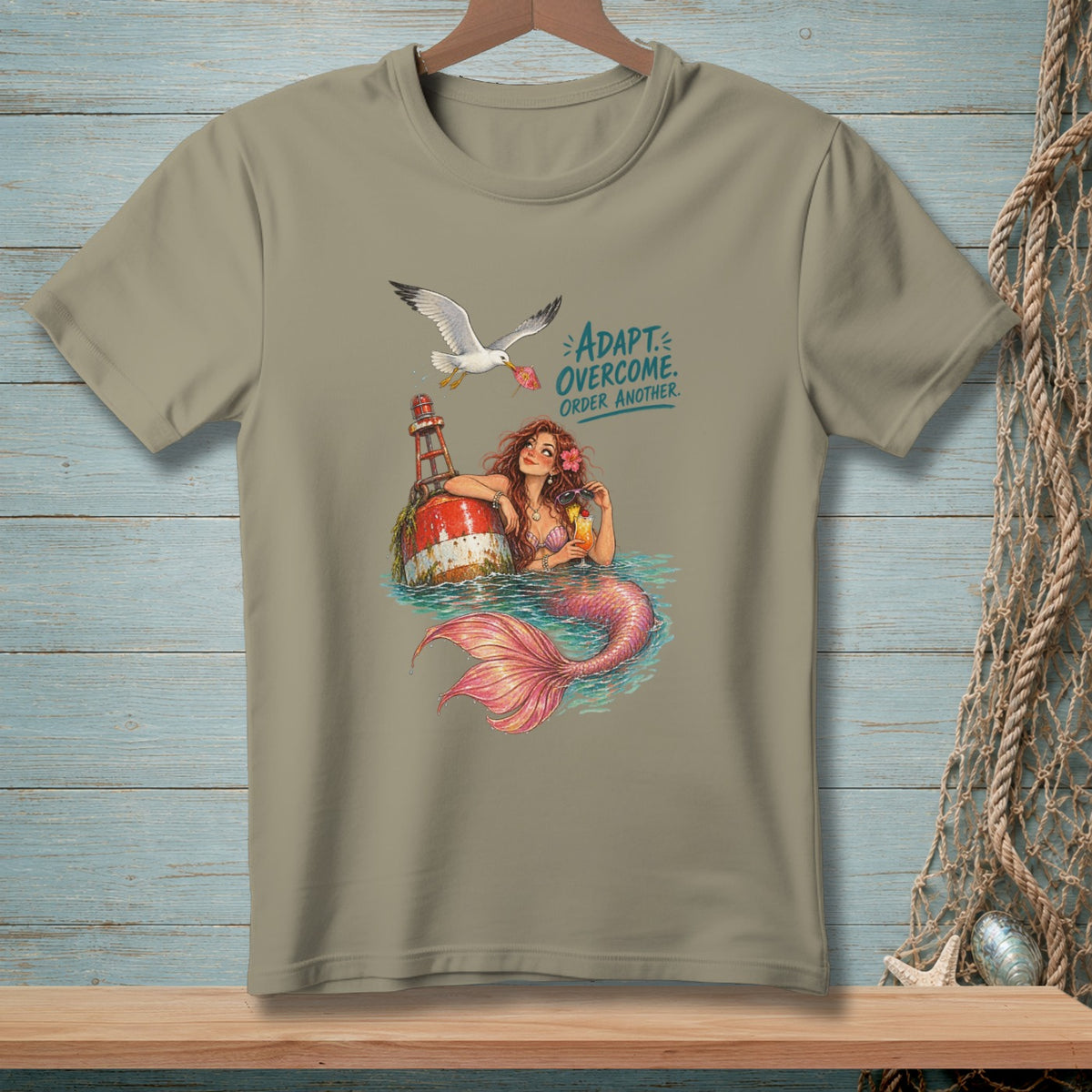 Mermaid with cocktail on buoy, seagull overhead, text: Adapt. Overcome. Order Another.