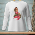White long-sleeve shirt with a mermaid and crab graphic on a rock.