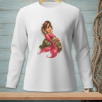 White long-sleeve shirt with a mermaid and crab graphic on a rock.
