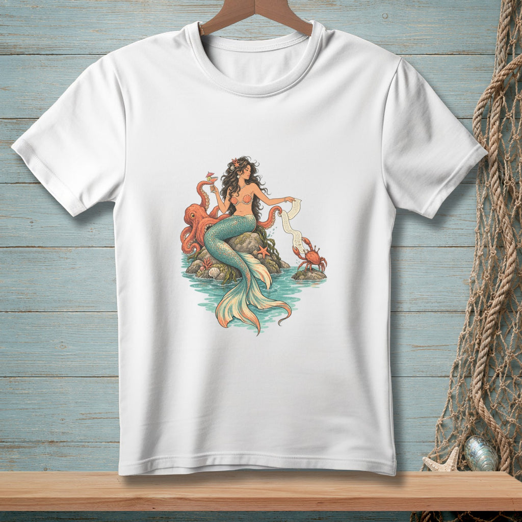 White t-shirt with mermaid, octopus, crab, and starfish design.