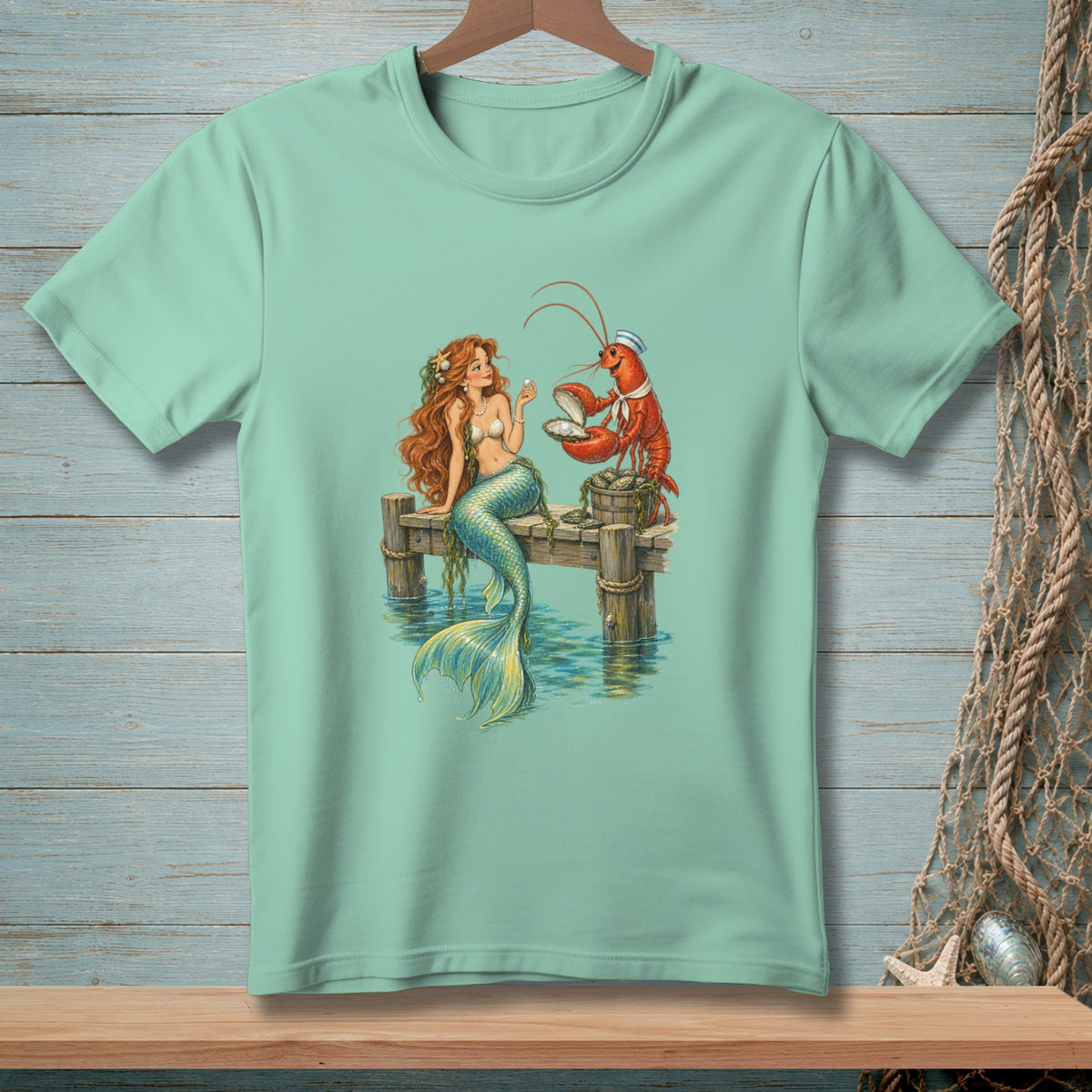 Mermaid on pier with lobster holding a pearl in an oyster shell.